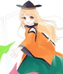  1girl bangs black_headwear blonde_hair brown_eyes brown_headwear cape detached_sleeves door eyebrows_visible_through_hair eyes_visible_through_hair green_skirt hair_between_eyes hat highres long_hair long_sleeves looking_to_the_side matara_okina open_mouth orange_cape orange_sleeves portal_(object) shirt simple_background skirt smile solo touhou umi_(nana_spring) white_background white_shirt 