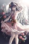  1girl :d bangs bare_arms bare_shoulders blue_eyes blue_hair danganronpa:_trigger_happy_havoc danganronpa_(series) danganronpa_10th_anniversary_costume dress feet_out_of_frame flower gradient gradient_background grey_background hair_flower hair_ornament hairclip hand_in_hair hand_up highres long_hair looking_at_viewer maizono_sayaka official_alternate_costume open_mouth pantyhose petals ponytail red_flower school_uniform smile solo white_legwear z-epto_(chat-noir86) 