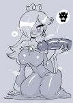  1girl :q arm_support blush bowser breasts crown dress earrings grey_background greyscale hair_over_one_eye heart heart-shaped_pupils highres jewelry kneeling large_breasts large_penis long_dress long_hair long_sleeves looking_at_viewer mario_(series) monochrome narrow_waist off-shoulder_dress off_shoulder one_eye_covered out_of_frame penis penis_on_shoulder princess_peach rariatto_(ganguri) simple_background smile solo_focus spoken_character spoken_heart star_(symbol) star_earrings symbol-shaped_pupils tongue tongue_out 