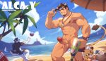  2boys abs absurdres alca animal_ears bara beach beard black-framed_eyewear black_hair commission completely_nude contrapposto dark-skinned_male dark_skin day erection extra_ears eyewear_removed facial_hair goatee gyee highres holding holding_water_gun horkeu_kamui_(tokyo_houkago_summoners) large_pectorals leg_hair lion_boy lion_ears lion_tail looking_at_viewer male_focus male_pubic_hair male_swimwear mature_male multiple_boys muscular muscular_male navel navel_hair nipples nude original pectorals penis pubic_hair sand short_hair sideburns stomach stubble sunglasses sunlight swim_trunks tail thick_eyebrows thighs tokyo_houkago_summoners uncensored undercut veins veiny_penis water_gun zixiong_zix 