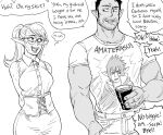  ... 1boy 1girl ahoge arms_behind_back bb_(baalbuddy) biceps blush breasts buttons corset cup curvy dark-skinned_male dark_skin denim disposable_cup elf embarrassed english_commentary failure flirting full-face_blush glasses height_difference highres jeans medium_breasts muscular muscular_male naruto_(series) orc original pants parody pointy_ears ponytail print_shirt round_eyewear sharingan shirt sleeveless sleeveless_shirt speech_bubble spoken_ellipsis sweat sweating_profusely t-shirt thumb_in_pocket uchiha_sasuke wince 