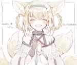  1girl animal_ears arknights bare_shoulders black_collar black_gloves blonde_hair blush braid character_name closed_eyes collar dated dress facing_viewer fox_ears fox_girl fox_tail gloves green_hairband hair_between_eyes hairband hands_together happy highres infection_monitor_(arknights) multiple_tails nstlgie open_mouth oripathy_lesion_(arknights) signature simple_background single_glove sketch solo suzuran_(arknights) tail white_background white_dress 