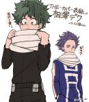  2boys aizawa_shouta aizawa_shouta_(cosplay) bangs black_jacket black_pants blue_shirt boku_no_hero_academia commentary_request cosplay freckles frown green_eyes green_hair grey_scarf hands_in_pockets highres jacket long_sleeves male_focus midoriya_izuku multicolored_pants multicolored_shirt multiple_boys nakamu_405 pants purple_hair red_shirt scarf shinsou_hitoshi shirt simple_background translation_request twitter_username u.a._gym_uniform white_background white_shirt 