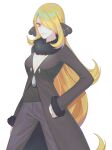  1girl blonde_hair breasts brown_coat cleavage closed_mouth coat commentary_request cynthia_(pokemon) eyelashes fur-trimmed_coat fur_collar fur_trim grey_eyes hair_ornament hair_over_one_eye hand_on_hip highres legs_apart long_hair long_sleeves pants pokemon pokemon_(game) pokemon_dppt pokemon_sue shiny shiny_hair shirt simple_background smile solo very_long_hair white_background 