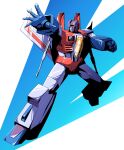  1boy absurdres arm_cannon clenched_hand decepticon fumiki_rikiya highres looking_up mecha no_humans open_hand red_eyes science_fiction solo starscream transformers weapon 