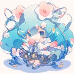  1girl aqua_eyes aqua_hair beige_background black_skirt blue_flower blush_stickers cape chibi commentary dress dress_flower flower full_body fuyuzuki_gato green_flower hair_flower hair_ornament hair_ribbon hatsune_miku highres long_hair looking_at_viewer magical_mirai_(vocaloid) medallion neck_ribbon open_mouth orange_flower red_flower ribbon shadow skirt solo standing twintails very_long_hair vocaloid white_dress white_flower yellow_flower 