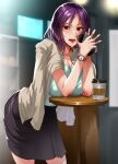  1girl absurdres beige_jacket black_skirt breast_rest breasts cellphone cleavage coffee_cup cup disposable_cup green_shirt highres holding holding_phone jacket jacket_on_shoulders large_breasts leaning_forward long_hair long_skirt mature_female nohito open_mouth original phone purple_hair red_eyes shirt shirt_tucked_in skirt smartphone standing table watch 