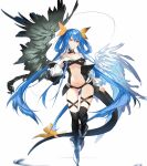  1girl angel_wings asymmetrical_wings bangs black_choker black_legwear blue_hair breasts center_opening choker cleavage collarbone detached_sleeves dizzy_(guilty_gear) floating guilty_gear guilty_gear_x guilty_gear_xx hair_between_eyes hair_ribbon hair_rings hand_on_own_chest highres kedachic large_breasts long_hair long_sleeves looking_at_viewer monster_girl navel puffy_long_sleeves puffy_sleeves red_eyes ribbon ripples simple_background solo stomach tail tail_ornament tail_ribbon thigh_gap thigh_strap thighhighs twintails underboob water white_background wings yellow_ribbon 