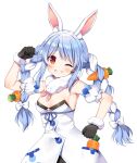 1girl animal_ear_fluff animal_ears arm_up black_gloves black_leotard blue_hair blush bow braid bunny_ears carrot_hair_ornament detached_sleeves don-chan_(usada_pekora) dress food-themed_hair_ornament fur-trimmed_gloves fur_trim gloves grin hair_bow hair_ornament hololive leotard long_hair looking_at_viewer mauve multicolored_hair one_eye_closed puffy_short_sleeves puffy_sleeves red_eyes short_eyebrows short_sleeves sidelocks simple_background smile strapless strapless_dress strapless_leotard thick_eyebrows twin_braids twintails two-tone_hair usada_pekora very_long_hair virtual_youtuber white_background white_bow white_dress white_hair white_sleeves 