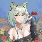  1girl animal_ears arknights bangs bare_shoulders black_gloves black_jacket breasts cleavage commentary_request eyebrows_visible_through_hair flower gloves green_eyes hair_between_eyes hand_up highres holding holding_flower jacket jewelry kal&#039;tsit_(arknights) long_hair long_sleeves looking_at_viewer lynx_ears medium_breasts off-shoulder_jacket off_shoulder oripathy_lesion_(arknights) parted_lips partial_commentary pendant red_flower red_rose rose senamashiro silver_hair solo upper_body 