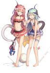  2girls :d absurdres ball bangs bare_shoulders barefoot beachball bikini bkyuuc blue_bikini blue_eyes blue_hair closed_eyes crab frilled_bikini frills full_body hair_between_eyes hair_ornament highres holding_another&#039;s_arm honkai_(series) honkai_impact_3rd horns liliya_olenyeva long_hair looking_at_viewer multiple_girls navel open_mouth pink_hair red_bikini rozaliya_olenyeva siblings simple_background single_horn smile soles standing standing_on_one_leg swimsuit tail toes twins walking water white_background 