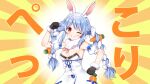  1girl animal_ear_fluff animal_ears arm_up black_gloves black_leotard blue_hair blush bow braid bunny_ears carrot_hair_ornament commentary_request detached_sleeves don-chan_(usada_pekora) dress food-themed_hair_ornament fur-trimmed_gloves fur_trim gloves grin hair_bow hair_ornament hololive leotard long_hair looking_at_viewer mauve multicolored_hair one_eye_closed puffy_short_sleeves puffy_sleeves red_eyes short_eyebrows short_sleeves sidelocks smile strapless strapless_dress strapless_leotard sunburst sunburst_background thick_eyebrows translation_request twin_braids twintails two-tone_hair usada_pekora very_long_hair virtual_youtuber white_bow white_dress white_hair white_sleeves 
