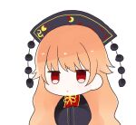  1girl bangs black_dress black_headwear black_sleeves chibi chinese_clothes closed_mouth crescent dress eyes_visible_through_hair hair_between_eyes hands_together hands_up hat junko_(touhou) long_hair long_sleeves orange_hair pom_pom_(clothes) red_eyes red_vest simple_background solo touhou umi_(nana_spring) very_long_hair vest white_background yellow_neckwear 