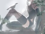  1girl android backlighting bare_shoulders bird bird_on_leg black_gloves black_legwear black_shorts breasts collarbone commentary concrete dove elbow_gloves gloves head_out_of_frame high_heels highres joints kaino_osushi85 leaf long_hair medium_breasts micro_shorts nier_(series) nier_automata robot_joints shorts single_thighhigh sitting solo tank_top thighhighs thighs white_hair yorha_type_a_no._2 
