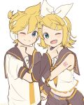  1boy 1girl arm_warmers bangs bare_shoulders bass_clef black_collar black_shorts blonde_hair blue_eyes bow collar commentary crop_top fang grey_collar grey_shorts grey_sleeves hair_bow hair_ornament hairclip hand_on_another&#039;s_chin headphones highres holding_hands kagamine_len kagamine_rin looking_at_viewer m0ti midriff nail_polish navel neckerchief necktie one_eye_closed open_mouth sailor_collar school_uniform shirt short_hair short_ponytail short_sleeves shorts shoulder_tattoo sleeveless sleeveless_shirt smile spiked_hair swept_bangs symmetry tattoo treble_clef upper_body vocaloid white_background white_bow white_shirt yellow_nails yellow_neckwear 