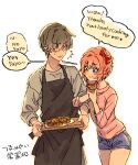  1boy 1girl :t ^^^ apron bangs black_apron blue_eyes blue_shorts blush bow brown_hair casual commentary cookie covered_eyes doki_doki_literature_club eating english_text engrish_text food grey_shirt hair_bow hair_over_eyes holding holding_tray long_sleeves pink_hair pink_shirt protagonist_(doki_doki_literature_club) ranguage red_bow sayori_(doki_doki_literature_club) shirt short_hair short_shorts shorts simple_background smile sora_(efr) speech_bubble translated tray white_background 