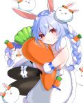  1girl animal_ear_fluff animal_ears bare_shoulders black_gloves black_legwear black_leotard blue_hair braid bunny bunny-shaped_pupils bunny_ears bunny_tail carrot_hair_ornament clothing_cutout coat creature detached_sleeves food-themed_hair_ornament food-themed_pillow fur-trimmed_coat fur-trimmed_gloves fur_scarf fur_trim gloves grin hair_ornament hikimayu hololive leg_garter leotard leotard_under_clothes long_hair looking_at_viewer multicolored_hair nousagi_(usada_pekora) omu_omelette orange_eyes pantyhose pillow pillow_hug puffy_short_sleeves puffy_sleeves rabbit_girl scarf short_sleeves simple_background smile solo squatting strapless_coat tail tail_cutout thick_eyebrows twin_braids twintails two-tone_hair usada_pekora virtual_youtuber white_background white_coat white_hair white_scarf white_sleeves 