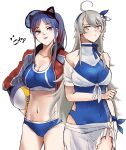  2girls ahoge ball bangs bikini black_headwear blue_bikini blue_hair blue_swimsuit breasts cleavage closed_mouth competition_swimsuit covered_navel grey_hair hair_ornament hairband highres holding holding_ball jacket kantai_collection large_breasts long_hair multiple_girls nidou off_shoulder one-piece_swimsuit ponytail red_hair sarong see-through shirt sidelocks south_dakota_(kancolle) swimsuit tied_shirt tongue tongue_out visor_cap washington_(kancolle) white_shirt 