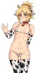  1girl absurdres animal_ears arm_behind_back ass_visible_through_thighs bangs bell bikini blonde_hair blush braid breasts collar collarbone cow_ears cow_horns cowbell english_commentary eyebrows_visible_through_hair fake_animal_ears fake_horns fate/apocrypha fate/grand_order fate_(series) french_braid green_eyes hair_ornament hair_scrunchie highres horns long_hair looking_at_viewer mordred_(fate) mordred_(fate)_(all) navel open_mouth ponytail red_scrunchie scrunchie simple_background small_breasts solo suggestive_fluid swimsuit thighhighs todding white_background 