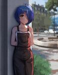  1girl absurdres ahoge arms_behind_back blue_hair blurry blurry_background breasts building collarbone darksnake3 day hair_over_one_eye highres huge_filesize looking_at_viewer ooto_ai outdoors overalls sleeveless small_breasts solo standing tank_top wonder_egg_priority yellow_eyes 
