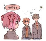  1boy 2girls bangs bilingual blue_eyes brown_hair bug butterfly commentary covered_eyes doki_doki_literature_club grey_jacket hair_over_eyes hair_ribbon insect jacket lowres multiple_girls natsuki_(doki_doki_literature_club) open_clothes open_jacket open_mouth pink_hair protagonist_(doki_doki_literature_club) red_ribbon ribbon sayori_(doki_doki_literature_club) school_uniform short_hair simple_background sora_(efr) thought_bubble translated two_side_up white_background 