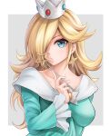  1girl blonde_hair blue_dress blue_eyes border breasts closed_mouth collarbone crown dress earrings grey_background hair_over_one_eye holding holding_wand jewelry long_hair long_sleeves looking_at_viewer mario_(series) medium_breasts outside_border rosalina shiny shiny_hair simple_background solo star_(symbol) star_earrings super_mario_galaxy ten_(tenchan_man) upper_body very_long_hair wand white_border 