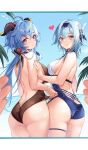  2girls absurdres adjusting_clothes adjusting_swimsuit ahoge ass bare_back black_hairband blue_hair blurry breasts closed_mouth depth_of_field eula_(genshin_impact) eyebrows_visible_through_hair fingers ganyu_(genshin_impact) genshin_impact goat_horns hairband heart highres horns kikimi large_breasts long_hair looking_at_viewer looking_back medium_breasts medium_hair multiple_girls nail_polish ocean one-piece_swimsuit outdoors palm_tree pov purple_eyes sideboob spoken_heart swimsuit thigh_strap tree 