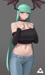  1girl bangs bat_wings black_shirt blunt_bangs breasts casual choker cleavage collar cowboy_shot denim donburi_(donburikazoku) earrings green_eyes green_hair grey_background hands_on_own_chest hands_up head_wings highres hime_cut jeans jewelry large_breasts long_hair long_sleeves midriff morrigan_aensland navel pants shirt simple_background solo spiked_collar spikes stomach strapless tubetop vampire_(game) very_long_hair wings 