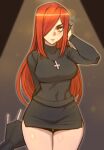  1girl absurdres bangs black_dress blush breasts carcass_(artist) cross dress hair_between_eyes hair_over_one_eye highres holding light lips long_hair looking_at_viewer night orange_eyes parasoul_(skullgirls) red_hair skullgirls solo thick_thighs thighs umbrella 