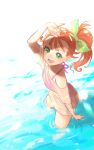  1girl :d arm_up bangs bikini bikini_under_clothes bow collarbone cowboy_shot green_bow green_eyes hair_bow high_ponytail jj_(ssspulse) long_hair natsuumi_manatsu ocean off-shoulder_shirt off_shoulder open_mouth orange_hair pink_ribbon precure ribbon shiny shiny_hair shirt side_ponytail smile solo standing swimsuit tropical-rouge!_precure wading wet wet_clothes wet_shirt white_background white_shirt 