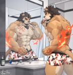  1boy abs alca animal_ears ass bara bathroom beard black_hair boxers brown_fur brushing_teeth bulge commission extra_ears facial_hair faucet fire furry gyee hand_tattoo indoors kamyuelo large_pectorals lion_boy lion_ears lion_tail male_focus male_underwear mirror muscular muscular_male navel navel_hair nipples original pectorals print_male_underwear reflection short_hair solo stomach tail thick_eyebrows thick_thighs thighs underwear underwear_only 