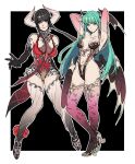  2girls absurdres alternate_costume alternate_legwear armpits arms_behind_head arms_up bat black_gloves black_hair breasts chain chest_tattoo clothing_cutout crossover demon_girl demon_horns elbow_gloves eliza_(tekken) english_commentary eyebrows_visible_through_hair full_body gloves green_eyes green_hair hanny_(uirusu_chan) head_wings high_heels highres horns leotard long_hair low_wings medium_breasts morrigan_aensland multicolored_hair multiple_girls navel navel_cutout pink_gloves pink_legwear print_legwear purple_lips red_hair red_leotard redesign revealing_clothes short_hair_with_long_locks tattoo tekken tekken_7 thighhighs trait_connection two-tone_hair vampire vampire_(game) white_legwear wings yellow_eyes 