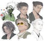  6+boys beard blue_eyes character_request closed_mouth color_guide copyright_request facial_hair glasses grey_hair grin hair_bun hat hatake_kakashi headband highres looking_at_viewer male_focus mask medium_hair mouth_mask multiple_boys mustache naruto naruto_(series) old old_man one_eye_covered round_eyewear sankomichi scar scar_across_eye simple_background smile sunglasses white_background white_eyes yellow-tinted_eyewear 