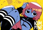  1girl bangs black_eyes character_name closed_mouth commentary english_commentary eyebrows_visible_through_hair freckles hand_in_hair highres jacket kim_pine looking_at_viewer projected_inset rariatto_(ganguri) red_hair scott_pilgrim short_hair skirt solo yellow_background 