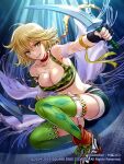  1girl ahoge amazio_komeko annie_(saga_frontier) blonde_hair breasts cleavage closed_mouth fingerless_gloves gloves green_eyes knife looking_at_viewer romancing_saga_re;universe saga saga_frontier short_hair shorts smile solo thighhighs 