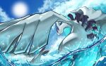  closed_mouth cloud commentary_request day from_below gen_2_pokemon legendary_pokemon lugia mujiao no_humans outdoors pokemon pokemon_(creature) red_eyes sky solo sun water water_drop 
