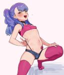  1girl belly blue_hair blush breasts choker condom crop_top highres navel original pectorals pink_crop_top pink_legwear sexually_suggestive short_shorts shorts side_ponytail small_breasts suisogenshi thighhighs 