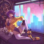  1girl alatar_(bluewizardart) arm_support bangs beautiful_beasties bed breasts cable collaboration eyebrows_visible_through_hair fingerless_gloves ghost_in_the_shell gloves jacket kusanagi_motoko leotard medium_breasts purple_hair red_eyes short_hair sitting solo thighhighs white_legwear window 