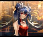 1girl arknights bare_shoulders blue_hair breasts ch&#039;en_(ageless_afterglow)_(arknights) ch&#039;en_(arknights) china_dress chinese_clothes cleavage cleavage_cutout clothing_cutout commentary double_bun dragon_horns dress highres horns letterboxed looking_at_viewer medium_hair nanaponi official_alternate_costume red_dress red_eyes solo upper_body 