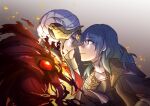  2girls bang blue_eyes blue_hair byleth_(fire_emblem) byleth_(fire_emblem)_(female) edelgard_von_hresvelg finger_gun fire_emblem fire_emblem:_three_houses gu9 hand_on_another&#039;s_cheek hand_on_another&#039;s_face hegemon_edelgard highres horns long_hair multiple_girls red_eyes short_hair usbgrumble white_hair 