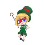  1girl :d arcana_heart bangs black_footwear black_headwear blonde_hair bow bowtie chibi dorothy_albright eyebrows_visible_through_hair full_body gloves green_shirt green_skirt hat holding holding_scepter looking_at_viewer masked open_mouth pecka red_bow red_neckwear scepter shirt short_hair short_sleeves simple_background skirt smile solo top_hat white_background white_gloves white_legwear 