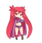  1girl arcana_heart bangs black_footwear boots chibi cloak closed_mouth eyebrows_visible_through_hair full_body long_hair looking_at_viewer navel pecka red_eyes red_hair scharlachrot simple_background smile solo standing twintails v-shaped_eyebrows very_long_hair white_background 