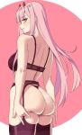  1girl ass ass_grab ass_support bangs bra breasts corset darling_in_the_franxx eyebrows_visible_through_hair green_eyes hair_between_eyes hands_on_own_ass highres horns large_breasts long_hair looking_at_viewer looking_back oni_horns panties pink_hair red_horns s65sl smile solo underwear zero_two_(darling_in_the_franxx) 