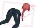  1girl ass ass_focus bangs braid braided_ponytail chainsaw_man collared_shirt formal high_heels highres long_sleeves makima_(chainsaw_man) medium_hair necktie red_hair rezodwel shiny shiny_clothes shirt sidelocks simple_background solo suit white_background white_shirt 