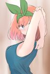  1girl armpits arms_behind_head arms_up bangs bare_arms bare_shoulders blue_eyes blue_tank_top breasts commentary_request eyebrows_behind_hair from_side go-toubun_no_hanayome green_ribbon hair_over_one_eye hair_ribbon highres kujou_karasuma looking_at_viewer looking_to_the_side medium_breasts nakano_yotsuba orange_hair ribbon solo sweat tank_top upper_body 