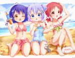  3girls ahoge arm_up armpits barefoot beach bikini bikini_skirt blue_hair blue_swimsuit breasts brown_eyes bunny casual_one-piece_swimsuit child chimame-tai cloud cup disposable_cup dolphin_hair_ornament double_bun drinking_straw fang feet gochuumon_wa_usagi_desu_ka? hair_bun hair_ornament hairclip hand_on_own_head highres jouga_maya kafuu_chino knees_up legs long_hair low_twintails multiple_girls natsu_megumi navel ocean one-piece_swimsuit one_eye_closed open_mouth outdoors painter-lhb pink_bikini pink_skirt polka_dot polka_dot_swimsuit purple_hair red_eyes red_hair scrunchie short_hair sitting skirt sky small_breasts smile swimsuit thighs tippy_(gochiusa) toes twintails water_gun wild_geese 