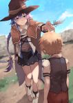  1boy 1girl absurdres arm_behind_back blonde_hair blue_hair blue_sky blurry blurry_background blush boots braid brick_wall brown_cape cape cloud depth_of_field green_eyes hair_between_eyes hat highres huge_filesize long_braid mage_staff mushoku_tensei outstretched_hand roxy_migurdia rudeus_greyrat shizu_(shizuillust) skirt sky smile white_footwear witch_hat 