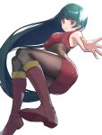  1girl absurdres bangs bare_arms bodysuit boots breasts brown_bodysuit commentary_request eyebrows_visible_through_hair floating_hair from_below green_hair gym_leader highres itou_kazuki knees_together_feet_apart long_hair looking_at_viewer parted_lips pokemon pokemon_(game) pokemon_frlg red_eyes red_footwear red_shirt red_skirt sabrina_(pokemon) shiny shiny_hair shirt side_slit simple_background skirt sleeveless sleeveless_shirt solo spread_fingers white_background 