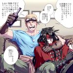  black_hair blonde_hair cid_highwind cigarette clawed_gauntlets cloak cup dog_tags drink drinking_glass final_fantasy final_fantasy_vii gloves goggles headband kuroto0101 long_hair pale_skin red_cloak red_eyes red_headband vincent_valentine wine_glass 