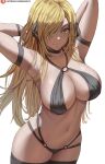  1girl armpits arms_behind_head arms_up bare_shoulders bikini black_bikini black_legwear blonde_hair breasts cleavage closed_mouth cynthia_(pokemon) duplicate hair_over_one_eye highres large_breasts long_hair navel o-ring o-ring_bikini o-ring_bottom o-ring_top patreon_username pixel-perfect_duplicate pokemon pokemon_(game) pokemon_dppt shexyo simple_background smile solo swimsuit thighhighs white_background yellow_eyes 